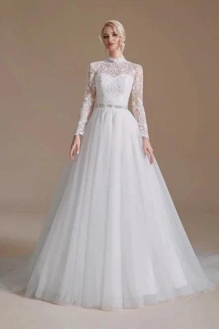 Beautiful Jewel Long-Sleeve A-Line Floor-Length Wedding Dresses with Pattern (ZD14658)