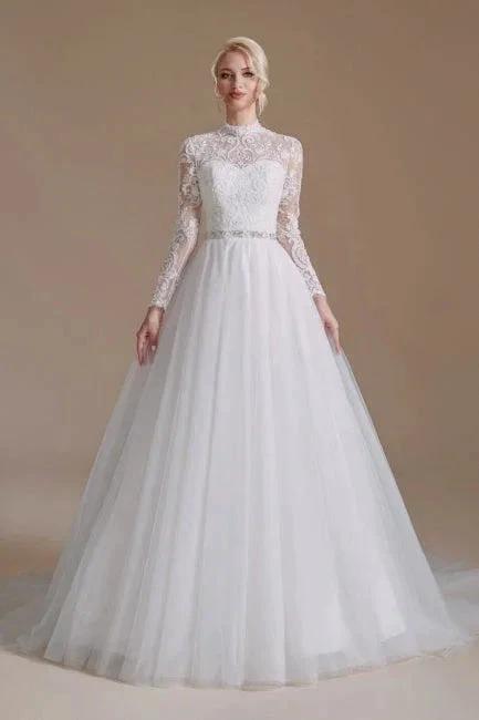Beautiful Jewel Long-Sleeve A-Line Floor-Length Wedding Dresses with Pattern (ZD14658) - VelvetHem