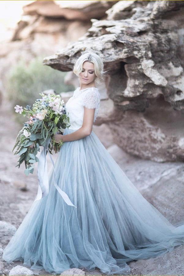 Beautiful lace Top Short Sleeves Prom Dress A Line Wedding Dresses (ZD15336) - VelvetHem