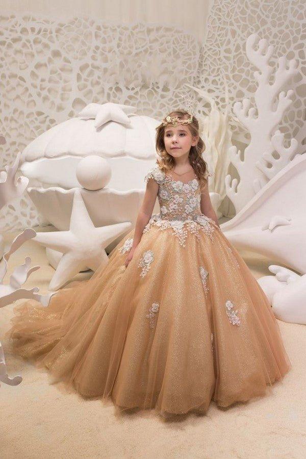 Beautiful Long A-line Bateau Appliques Lace Sequins Tulle Train Flower Girl Dress - VelvetHem