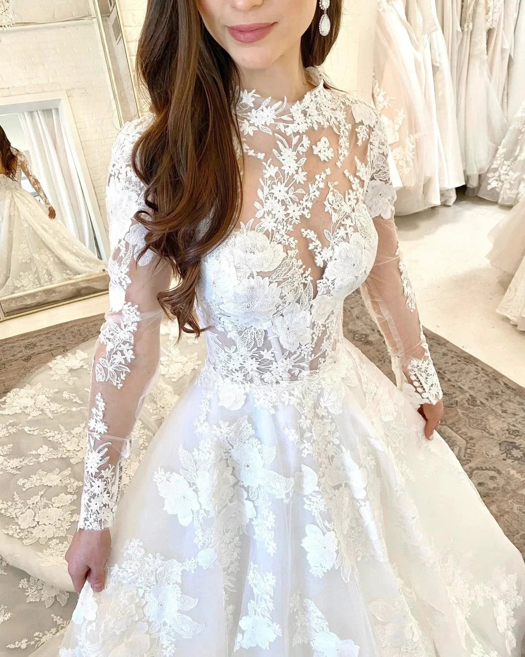 Beautiful Long A-line High Neck Lace Open Back Wedding Dress with Sleeves (ZD14292)