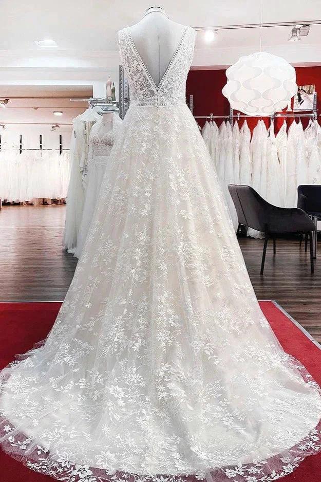 Beautiful Long A-Line Lace Appliques Tulle Open Back Wedding Dresses (ZD15264)
