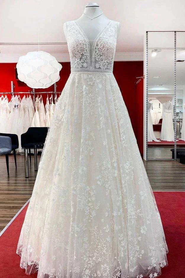 Beautiful Long A-Line Lace Appliques Tulle Open Back Wedding Dresses (ZD15264) - VelvetHem