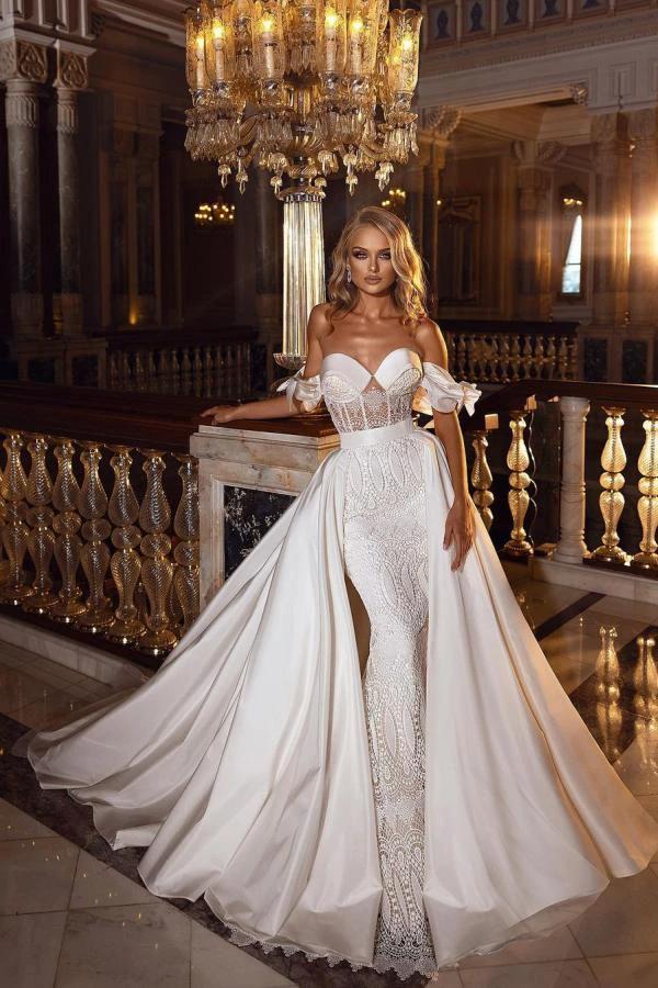 Beautiful Long A-line Off-the-shoulder Sweetheart Appliques Lace Satin Wedding Dress (ZD15193) - VelvetHem