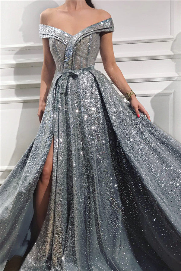 Beautiful Long A-line Off the Shoulder Sweetheart Sequined Prom Dress with Slit - VelvetHem