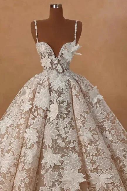 Beautiful Long A-line Spaghetti Straps Lace Appliques Sleeveless Wedding Dresses (ZD16664)