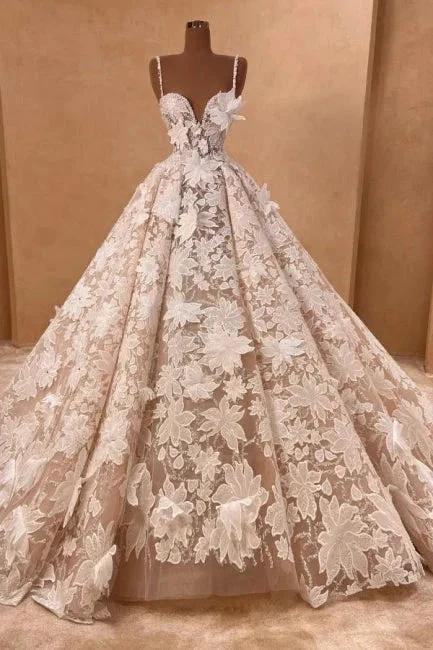 Beautiful Long A-line Spaghetti Straps Lace Appliques Sleeveless Wedding Dresses (ZD16664)