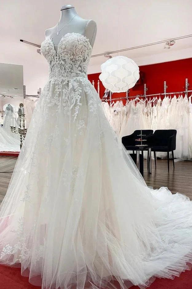 Beautiful Long A-line Strapless Tulle Ivory Wedding Dress with Appliques Lace (ZD14273)