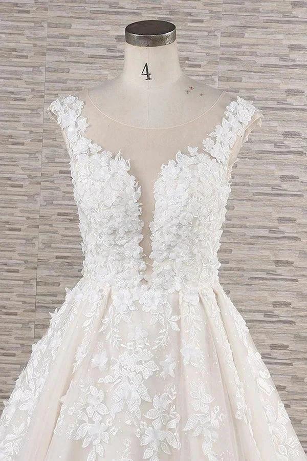 Beautiful Long A-line Tulle Lace Appliques Backless Wedding Dress (ZD14422)