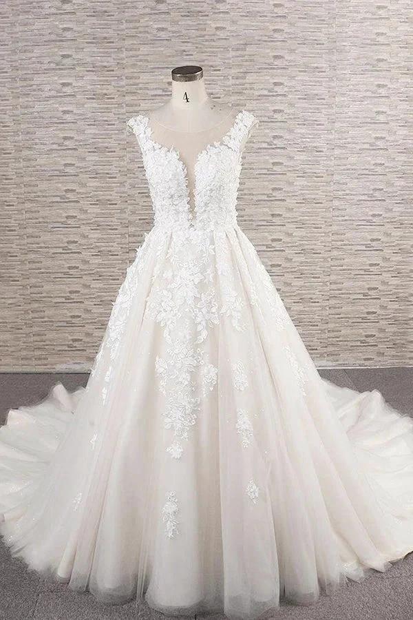 Beautiful Long A-line Tulle Lace Appliques Backless Wedding Dress (ZD14422) - VelvetHem