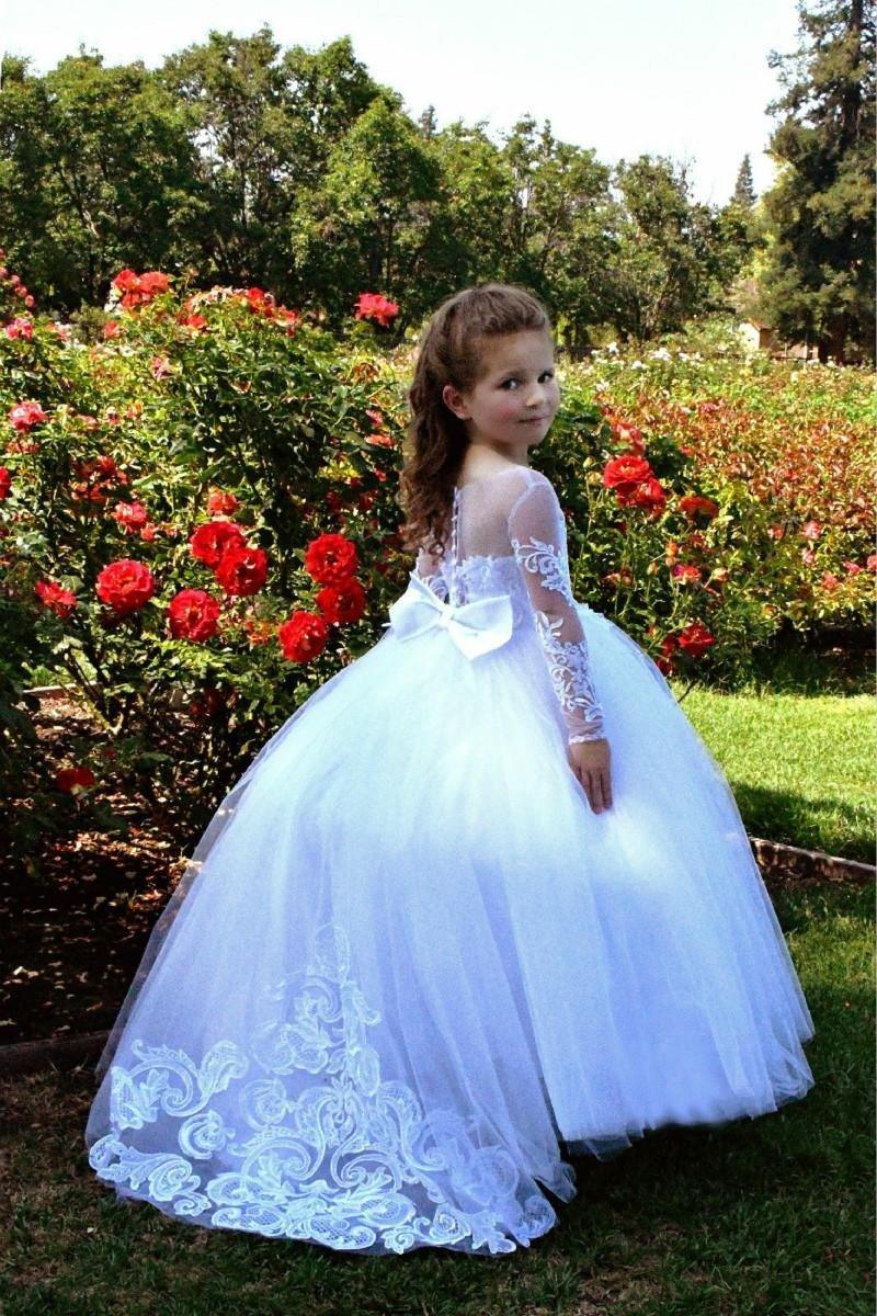 Beautiful Long A-line Tulle Lace Beaded Flower Girl Dresses With Sleeves - VelvetHem