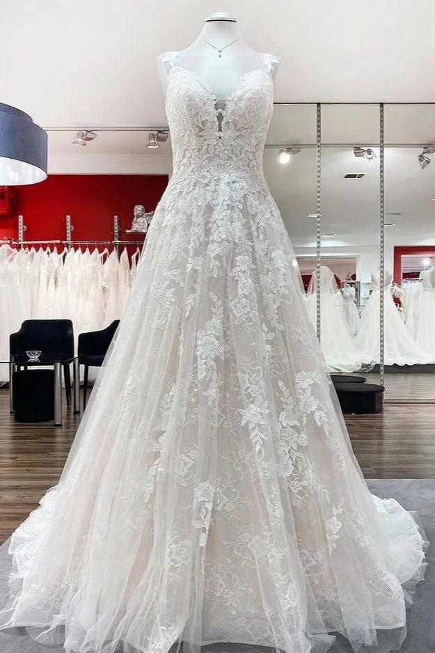 Beautiful Long A-line Tulle Lace V Neck Open Back Wedding Dresses (ZD15179)