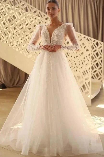 Beautiful Long A-line V-neck Lace Tulle Wedding Dress With Long Sleeves (ZD15582) - VelvetHem