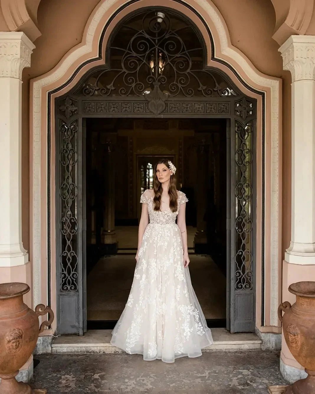 Beautiful Long A-line V-neck Lace Wedding Dresses With Cap Sleeves (ZD14828)