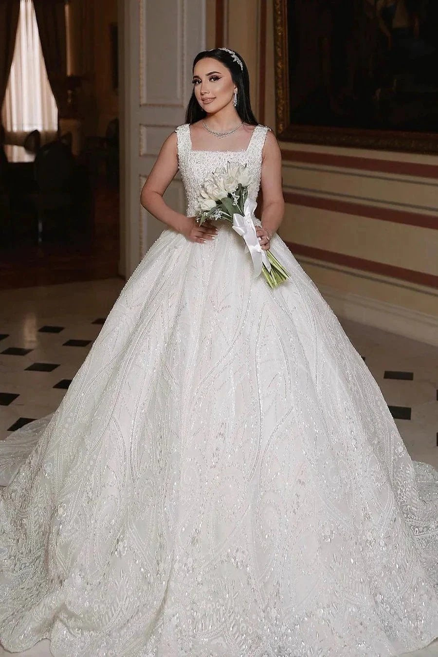 Beautiful Long Ivory A-line Sleeveless Beading Wedding Dress With Lace (ZD16486) - VelvetHem