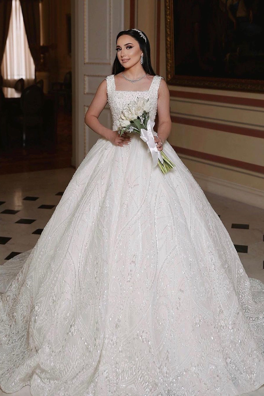 Lovely Long Ivory A-line Sleeveless Wedding Dress With Beaded Lace (ZD17476) - VelvetHem