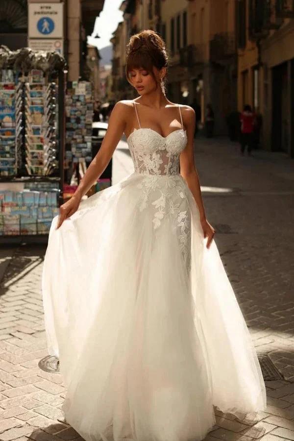 Beautiful Long Ivory A-line Spaghetti Straps Lace Tulle Wedding Dress (ZD15517)