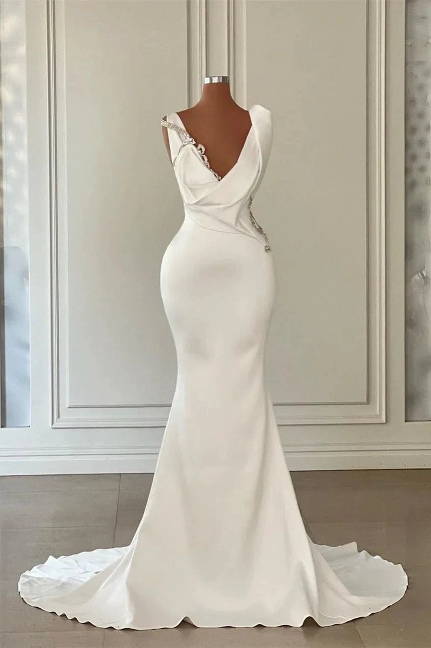 Beautiful Long Ivory Mermaid V-neck Satin Beading Sleeveless Wedding Dress (ZD15683)