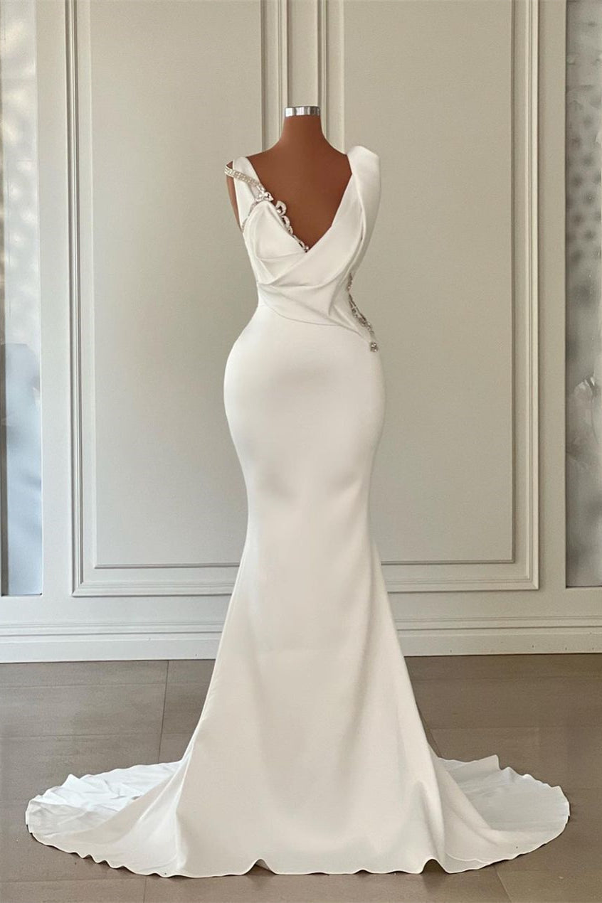 Beautiful Long Ivory Mermaid V-neck Satin Beaded Wedding Dress Sleeveless (ZD17482) - VelvetHem
