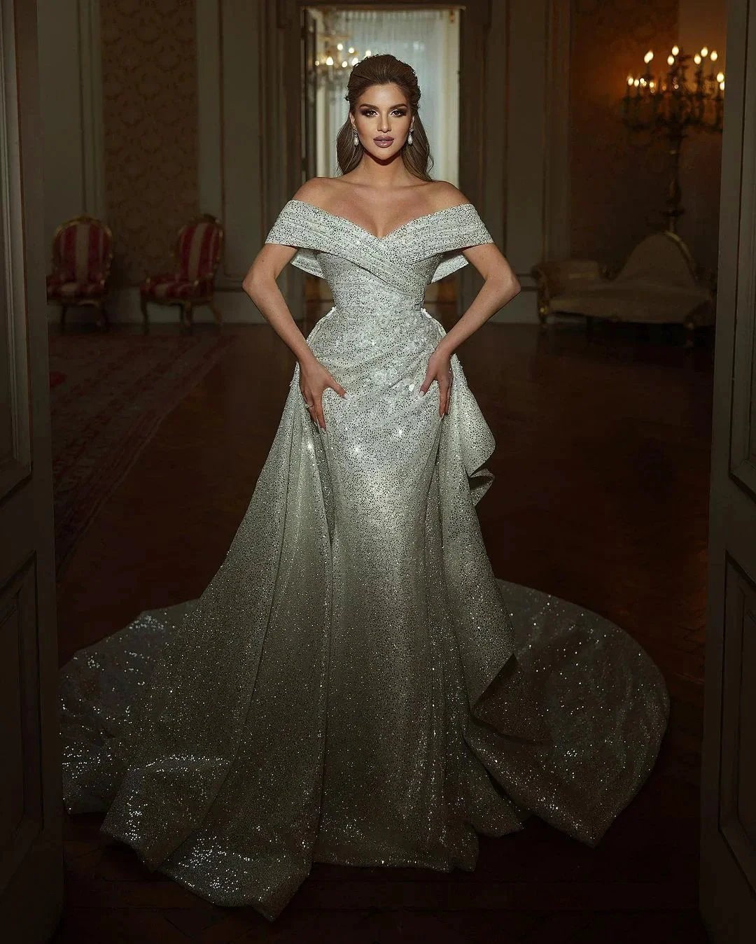 Beautiful Long Mermaid Off-the-shoulder Sequined Sleeveless Weddding Dress (ZD14782)