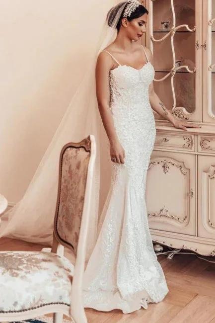 Beautiful Long Mermaid Spaghetti Straps Lace Sleeveless Wedding Dress (ZD16630) - VelvetHem