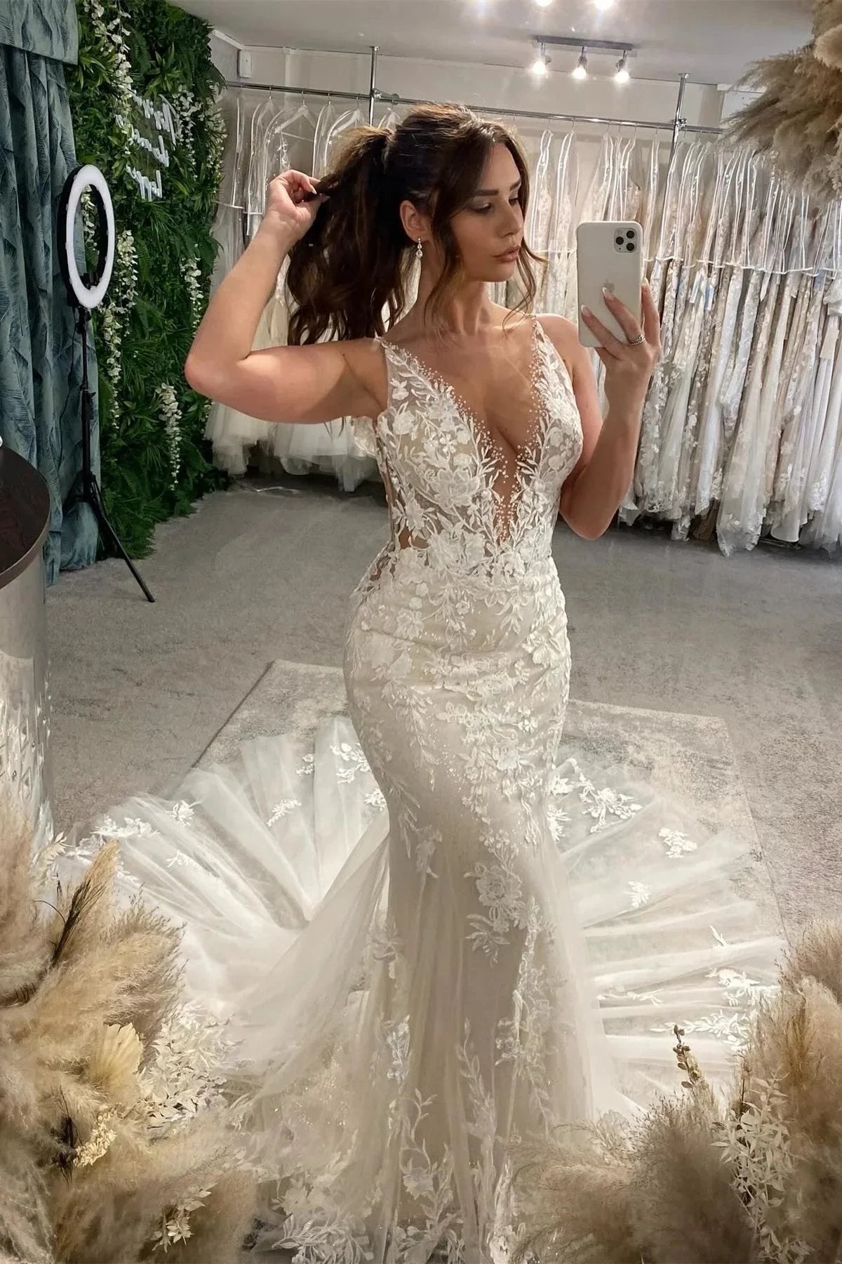 Beautiful Long Mermaid Spaghetti Straps V-neck White Wedding Dresses With Lace (ZD15628)
