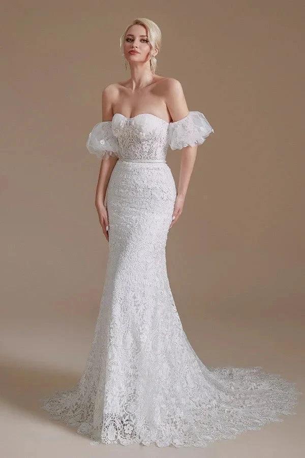 Beautiful Long Mermaid Sweetheart Lace Wedding Dresses with Detachable Sleeves (ZD14351)