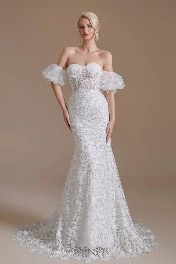 Beautiful Long Mermaid Sweetheart Lace Wedding Dresses with Detachable Sleeves (ZD14351)