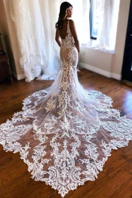 Beautiful Long Mermaid V-neck Sleeveless Lace Backless Wedding Dress with Train (ZD15601)