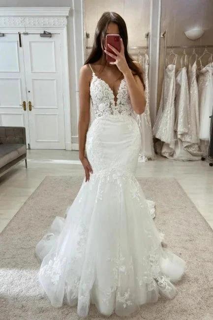 Beautiful Long Mermaid V-neck Spaghetti Straps Wedding Dresses with Lace (ZD15631) - VelvetHem