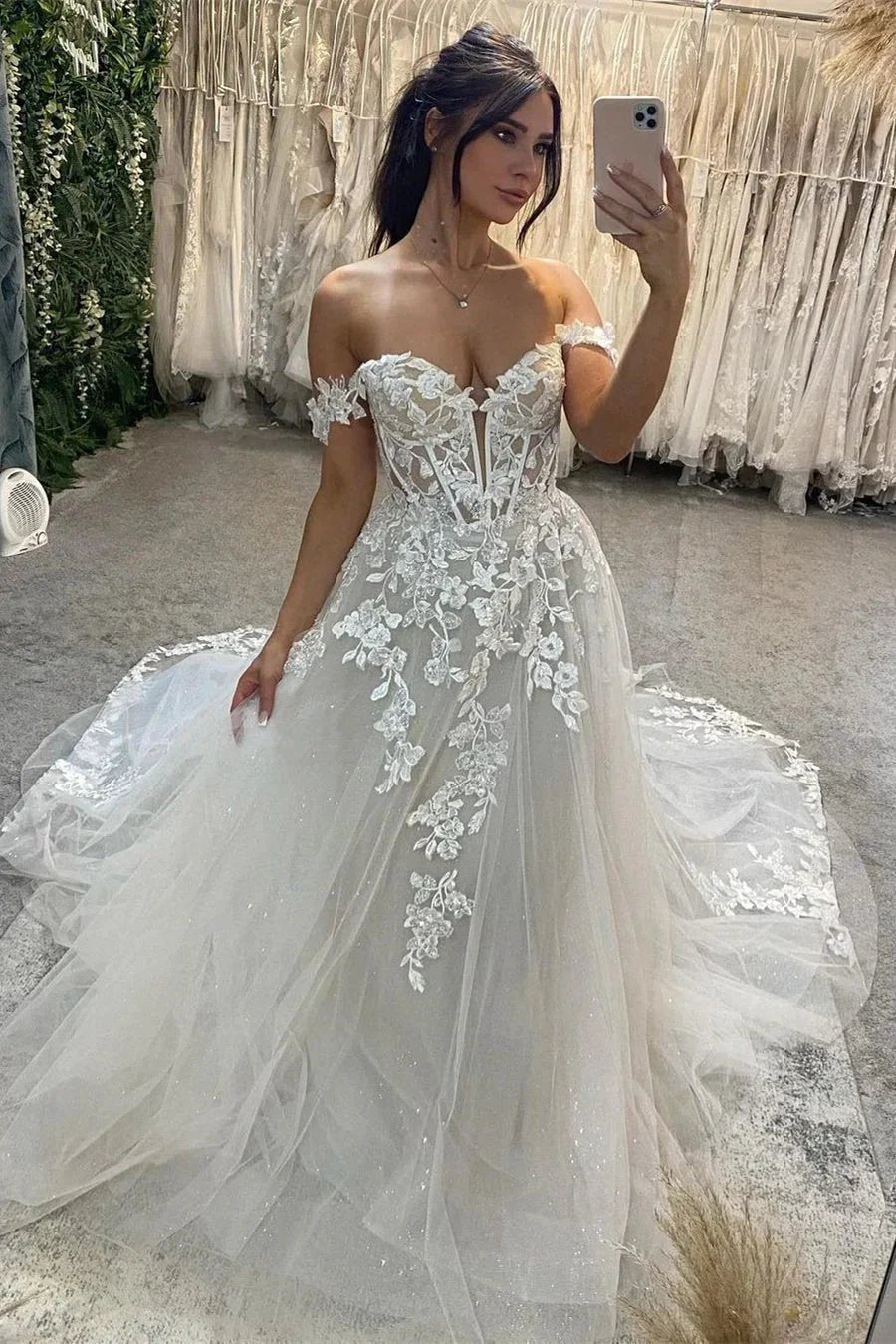 Beautiful Long Off-the-shoulder A-line Appliques Wedding Dress With Train (ZD16441)