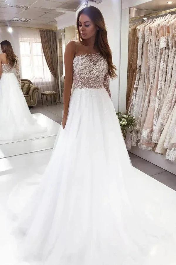 Beautiful Long Sleeve A-Line Bateau Pearl Lace Wedding Dress (ZD15121) - VelvetHem