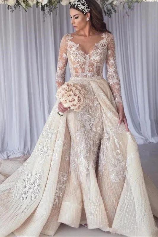 Beautiful Long Sleeves Lace Mermaid Overskirt Wedding Dress Bridal Wears (ZD13808) - VelvetHem