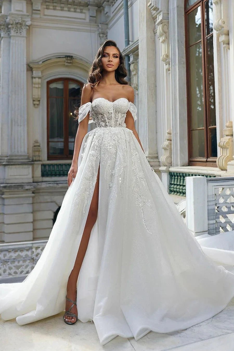 Beautiful Long White A-line Off-the-shoulder Lace Flowers Wedding Dress With Slit (ZD16496) - VelvetHem