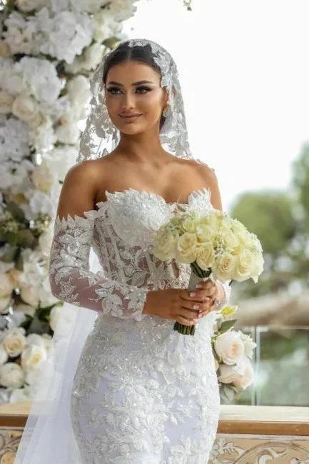 Beautiful Long White Mermaid Off-the-shoulder Lace Glitter Wedding Dress with Long Sleeves (ZD16646)