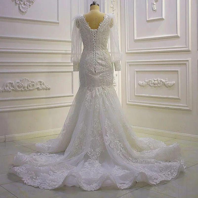 Beautiful Mermaid Long Sleeves Lace Appliques Wedding Dress With Train (ZD14547)
