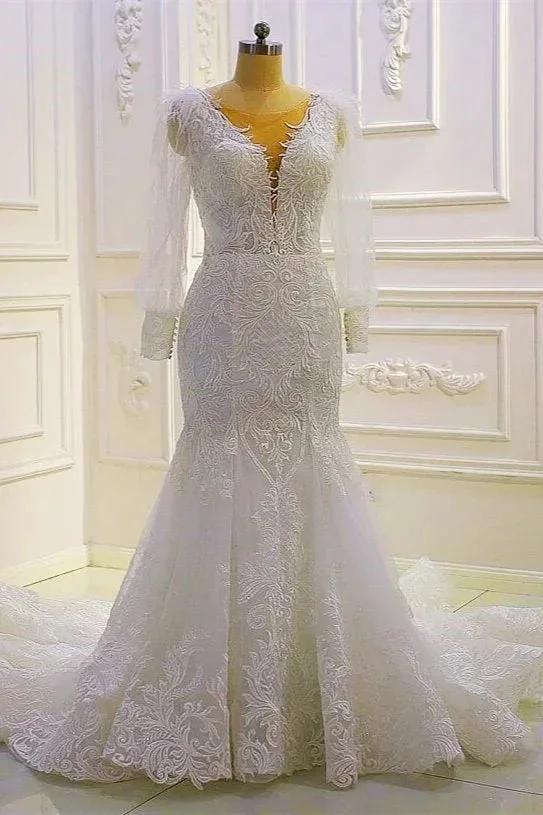 Beautiful Mermaid Long Sleeves Lace Appliques Wedding Dress With Train (ZD14547) - VelvetHem