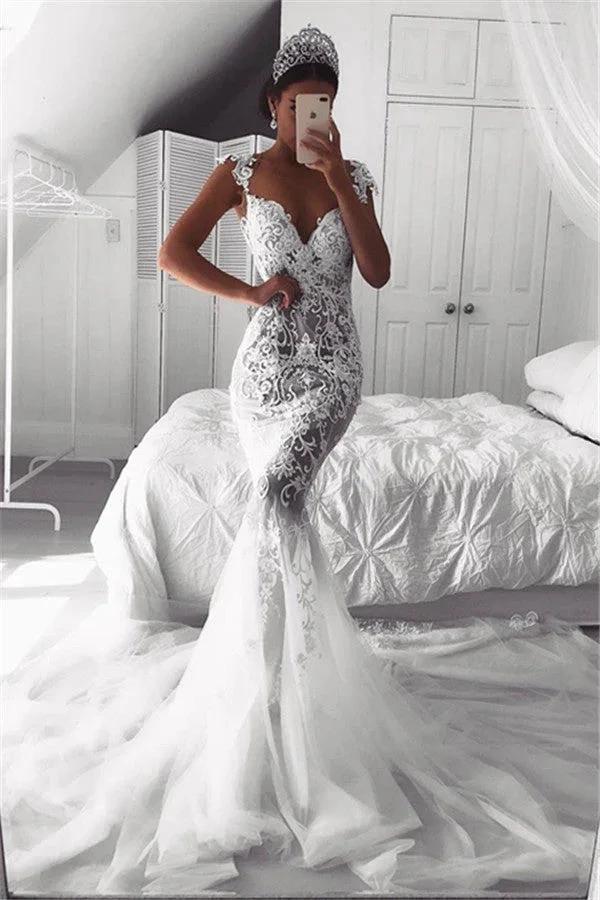 Beautiful Mermaid Straps Wedding Dress Sheer Tulle Sleeveless Appliques Bridal Wears (ZD16600)