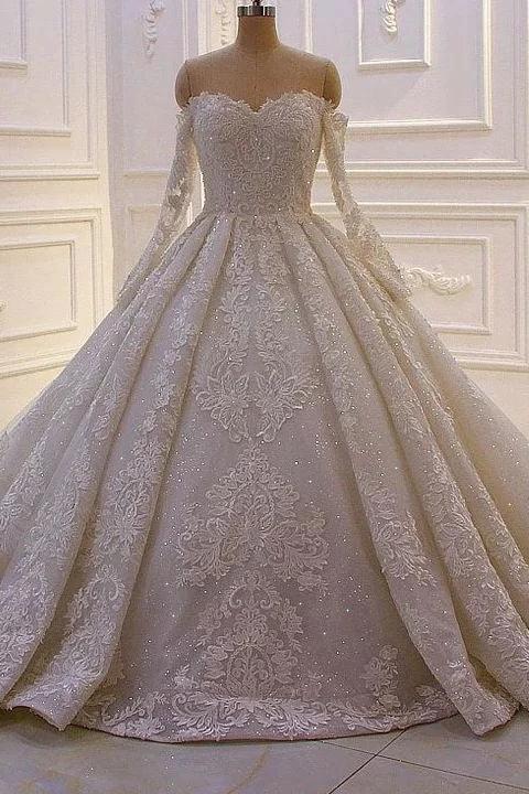 Beautiful Off-the-shoulder Long Sleeves Wedding Dress With Lace (ZD14540) - VelvetHem