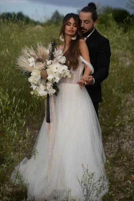 Beautiful Off-the-shoulder Sleeveless Column Floor-Length Tulle Wedding Dresses (ZD14655)