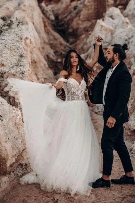 Beautiful Off-the-shoulder Sleeveless Column Floor-Length Tulle Wedding Dresses (ZD14655)