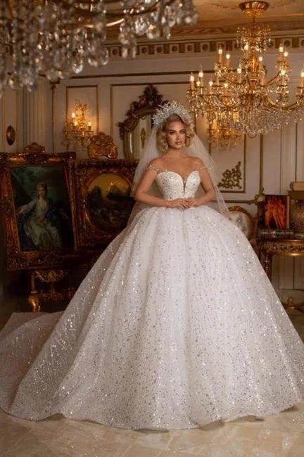 Beautiful Off-the-shoulder Sweetheart Sleeveless Ball Gown Wedding Dress With Glitter (ZD14978)