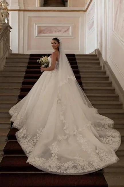 Beautiful Princess Long A-line White Strapless Wedding Dresses with Lace (ZD15614) - VelvetHem
