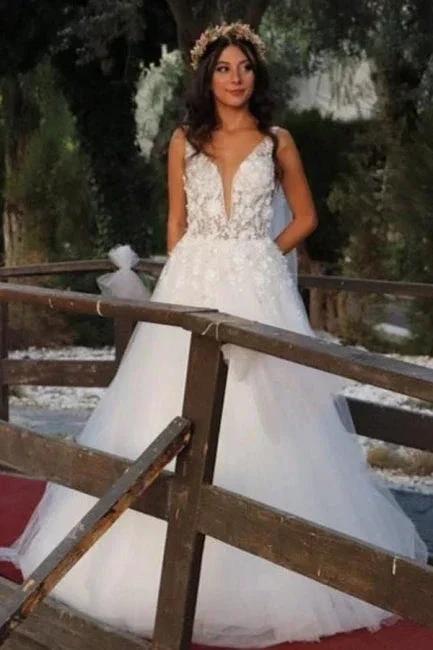 Beautiful Spaghetti Sleeveless A-Line Floor-Length Tulle Wedding Dresses with Chapel Train (ZD14680) - VelvetHem