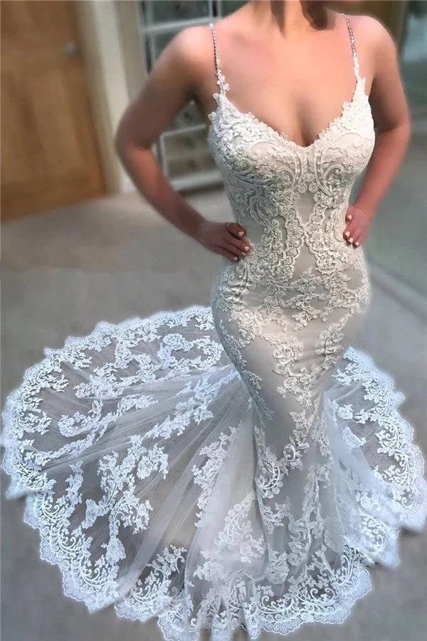 Beautiful Spaghetti-Straps Lace Wedding Dress On Sale Mermaid Dresses for Weddings (ZD13798) - VelvetHem