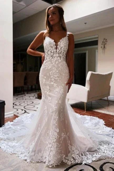 Beautiful Spaghetti Straps V-neck Blackless Lace Mermaid Wedding Dresses (ZD16548) - VelvetHem