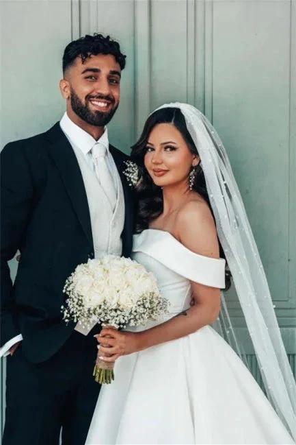Beautiful White A-line Off-the-shoulder Satin Wedding Dress (ZD14623)