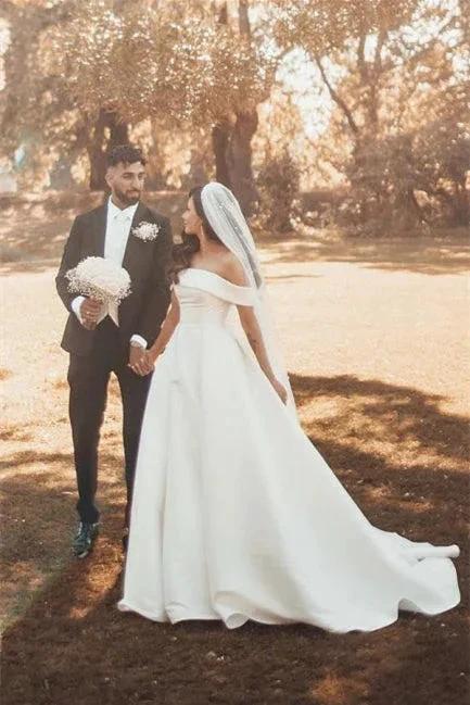 Beautiful White A-line Off-the-shoulder Satin Wedding Dress (ZD14623)