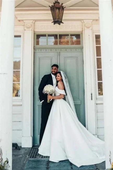 Beautiful White A-line Off-the-shoulder Satin Wedding Dress (ZD14623)