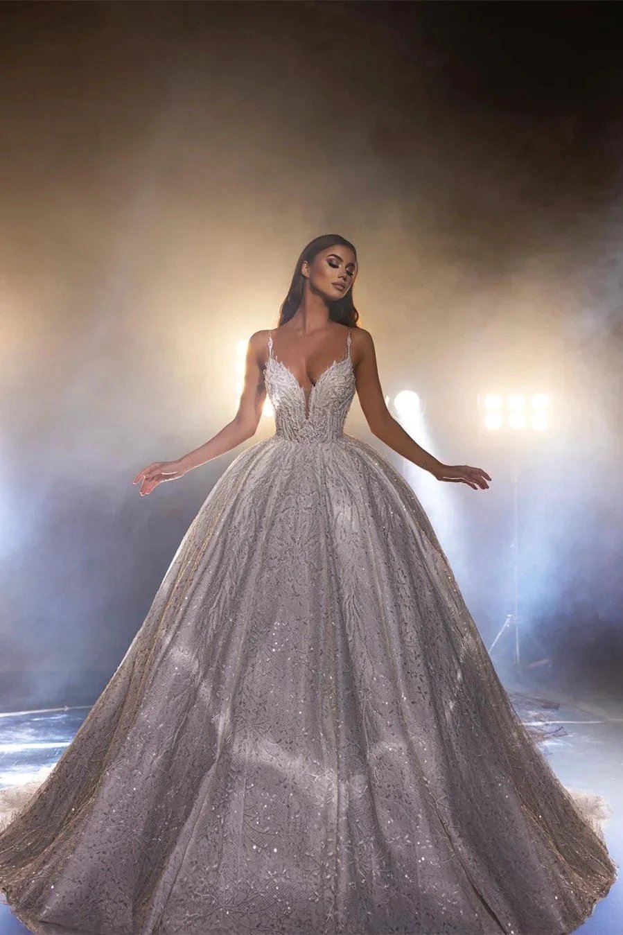 Beautiful White A-line Spaghetti Straps V-neck Wedding Dress With Lace (ZD14520) - VelvetHem